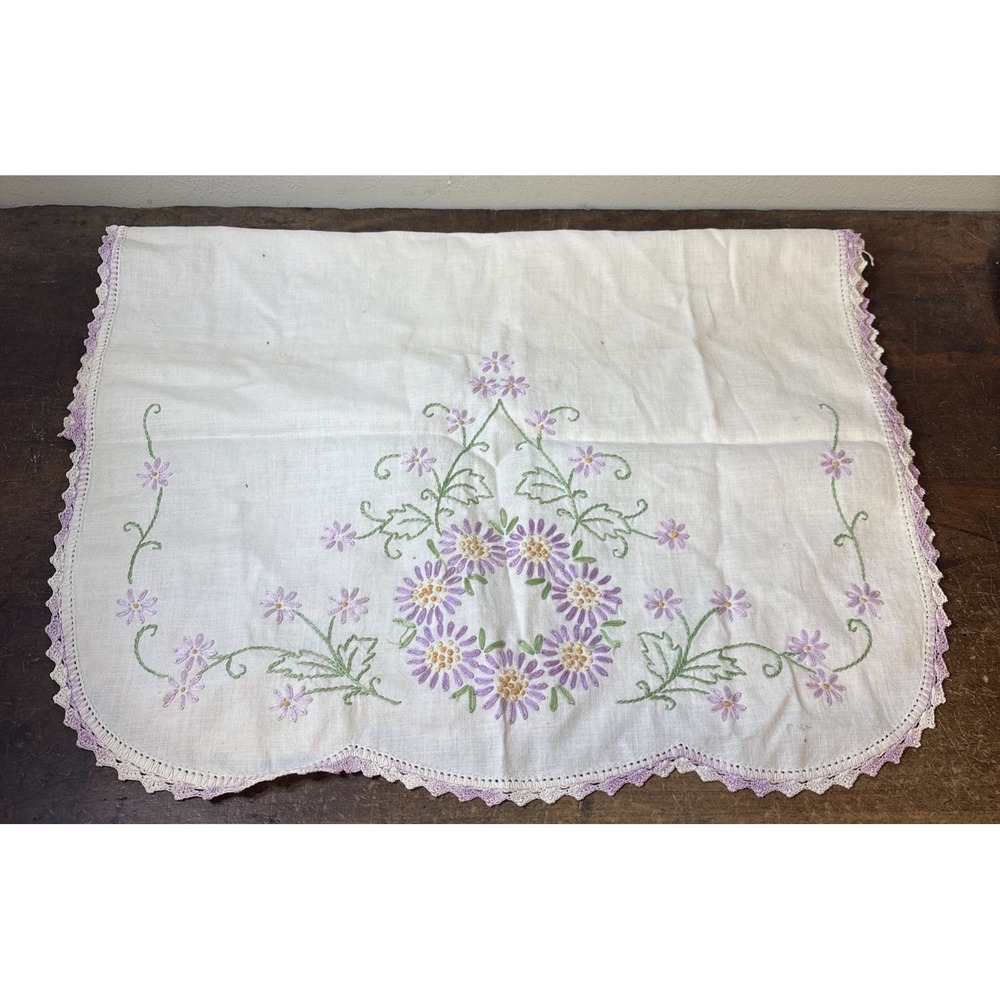 Vtg Hand Embroidered Floral Table Runner White Purple Crochet Border 36"x16"